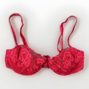 2000s Victorias Secret Angels 34C Padded Lined Balconet Bra Lacey Red Floral Y2K